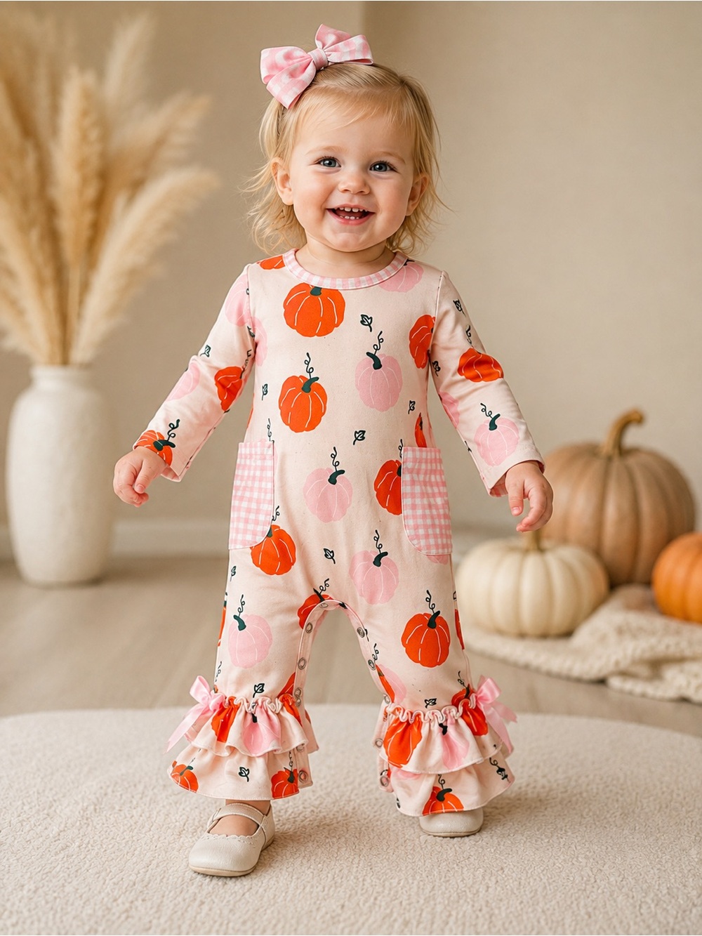 Marie Nicole 18-24M Pumpkin Romper Pink Orange Ruffle Bow Fall Thanksgiving